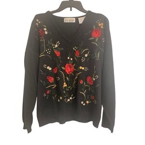 Together! Vintage Black Floral Embroidered V-Neck Sweater Rose Wool Blend XL